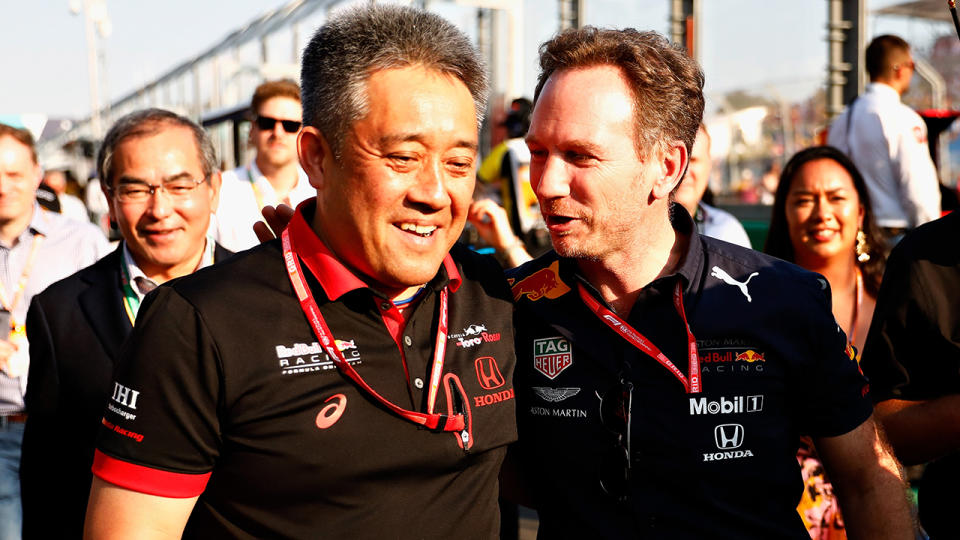 Honda Motorsports General Manager Masashi Yamamoto and Red Bull Racing Team Principal Christian Horner. (Photo by Will Taylor-Medhurst/Getty Images)