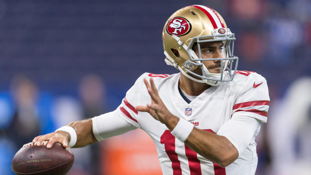 Mandatory Credit: Photo by John Mersits/CSM/REX/Shutterstock (9808262b)San Francisco 49ers quarterback Jimmy Garoppolo (10) during NFL football preseason game action between the San Francisco 49ers and the Indianapolis Colts at Lucas Oil Stadium in Indianapolis, Indiana.