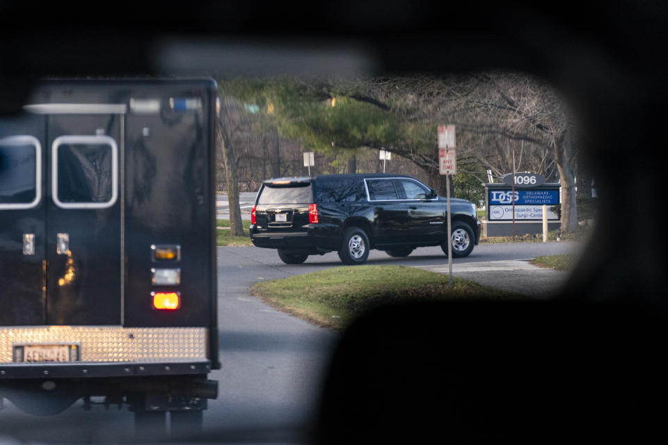 A motorcade with President-elect Joe Biden aboard arrives at Delaware Orthopaedic Specialists to see a doctor, Sunday, Nov. 29, 2020, in Newark, Del. Biden slipped while playing with his dog Major, and twisted his ankle. (AP Photo/Carolyn Kaster)