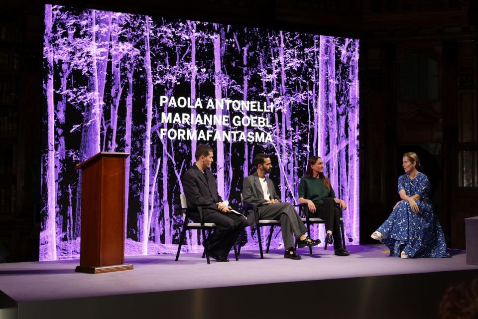 MILAN, ITALY - JUNE 06: Formafantasma designers Simone Farresin and Andrea Trimarchi, Marianne Goebl and Paola Antonelli talk at Prada Frames during Salone del Mobile 2022, on June 06, 2022 in Milan, Italy. (Photo by Pietro S. D'Aprano/Getty Images for Prada)