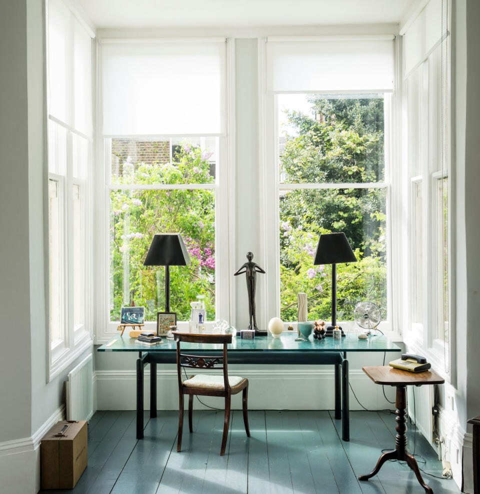 <p> Joa Studholme, Color Curator at Farrow & Ball has painted her fabulous office window space in two shades of grey. The walls are Dimpse No.277 in Estate Emulsion and the floor is Downpipe No.26 in Modern Eggshell.  </p> <p> The furniture you choose needs to complement your paint colors, black works really well with all shades of grey and glass table tops act as a light reflector. Vintage furniture gives a space meaning and character, look out for one-off finds as they add a warmth to a space.  </p>