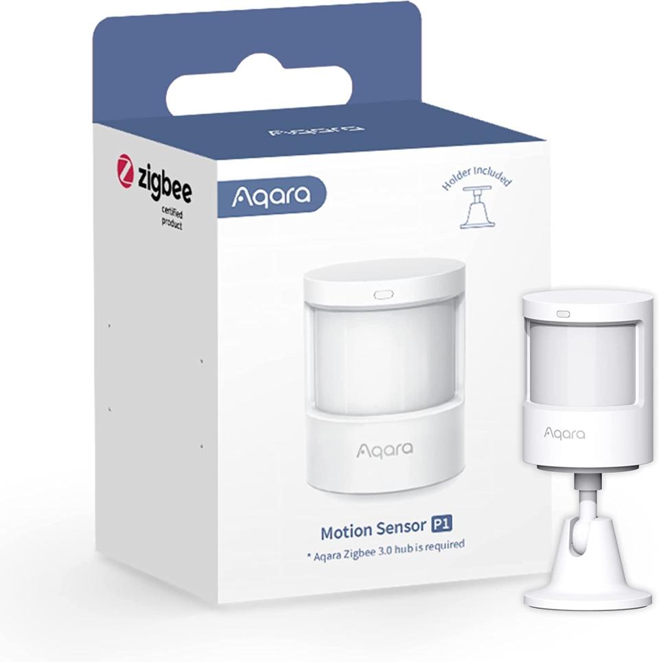 Image of Aqara Motion Sensor P1 and packaging against white background.