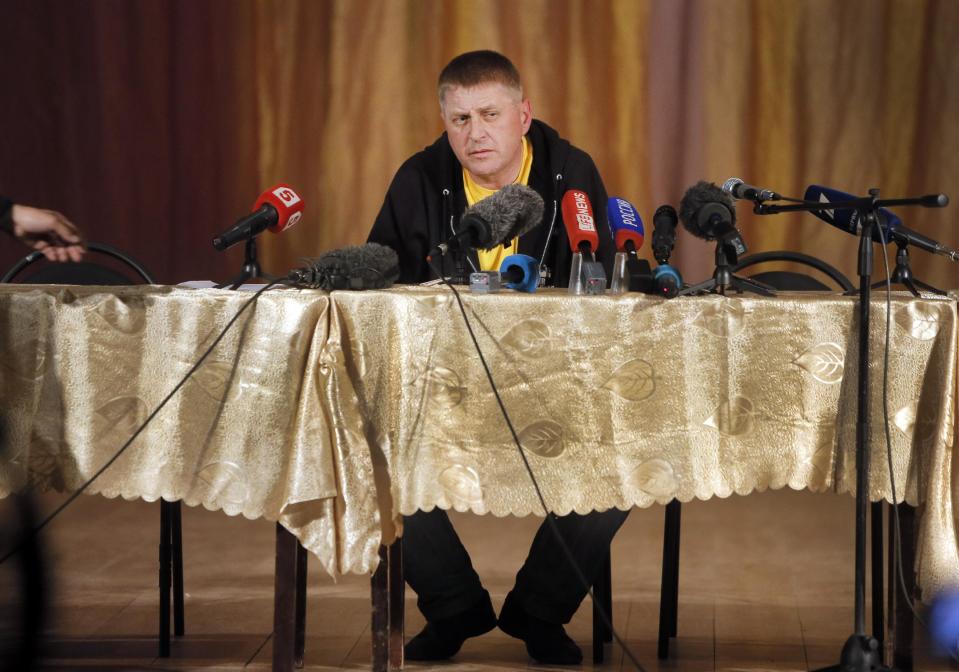 Vacheslav Ponomarev, leader of the pro-Russian gunmen, speaks during a news conference in Slovyansk, eastern Ukraine, Tuesday, April 22, 2014. U.S. Vice President Joe Biden warned Russia on Tuesday that "it's time to stop talking and start acting" to reduce tension in Ukraine, offering a show of support for the besieged nation as an international agreement aimed at stemming its ongoing crisis appeared in doubt. (AP Photo/Efrem Lukatsky)