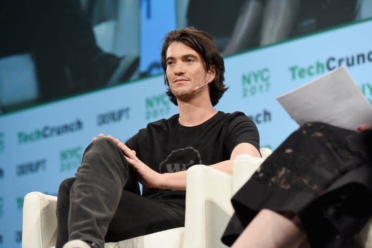 <span class="caption">WeWork founder, Adam Neumann.</span> <span class="attribution"><a class="link " href="https://www.flickr.com/photos/techcrunch/34679798345/in/photolist-bDWXTo-bDWXVm-scg1S5-Ufx5Kj-LjqG9H-UQx2PF-RDLNxp-scg1X5" rel="nofollow noopener" target="_blank" data-ylk="slk:TechCrunch/flickr;elm:context_link;itc:0;sec:content-canvas">TechCrunch/flickr</a>, <a class="link " href="http://creativecommons.org/licenses/by/4.0/" rel="nofollow noopener" target="_blank" data-ylk="slk:CC BY;elm:context_link;itc:0;sec:content-canvas">CC BY</a></span>