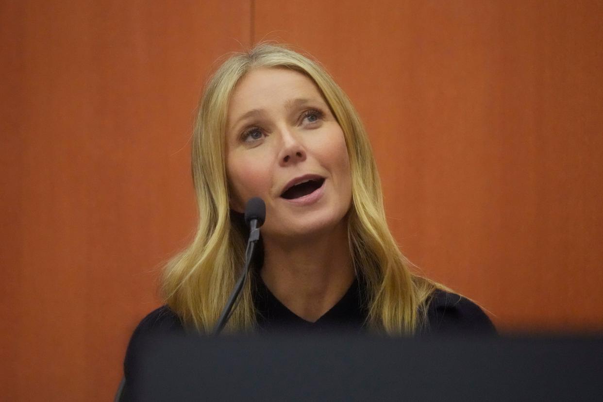 Gwyneth Paltrow testifies during her trial, Friday, March 24, 2023, in Park City, Utah. Paltrow is accused in a lawsuit of crashing into a skier during a 2016 family ski vacation, leaving him with brain damage and four broken ribs