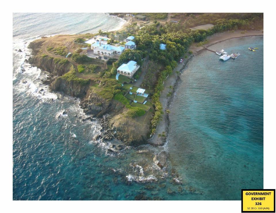 Undated handout photo issued by US Department of Justice of an aerial view of Jeffrey Epstein's private island in the US Virgin Islands, which has been shown to the court during the  sex trafficking trial of Ghislaine Maxwell in the Southern District of New York where she is accused of preying on vulnerable young girls and luring them to massage rooms to be molested by Jeffrey Epstein between 1994 and 2004. (PA)