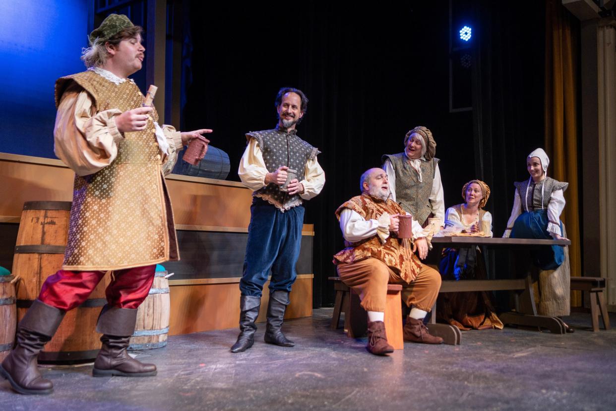 While navigating hijinks and hilarity, the cast of The Book of Will take on the tall order of saving Shakespeare's work and preserving his legacy. (From left) Johnny Hohenstein, Tim Grant, Frank Dominguez, Joanna Gerdy, Andrea King, and Cadie Nelson.