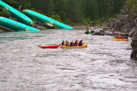 Three Boeing 737 fuselages lie on an embankment on the Clark Fork River after a BNSF Railway Co train derailed Thursday near Rivulet, Montana in this picture taken July 4, 2014. REUTERS/Kyle Massick