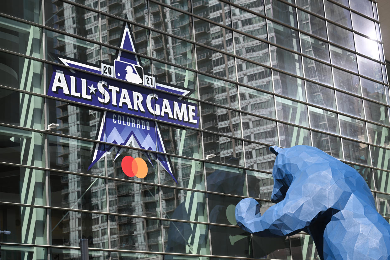 DENVER, CO - JULY 9 : Photo taken All STAR GAME sign by Blue Bear for PLAY BALL PARK in the Colorado Convention Center, Denver, Colorado on Friday, July 9, 2021. The PARK is a free fan-friendly and interactive baseball festival for 2021 MLB All-Star Week. (Photo by Hyoung Chang/MediaNews Group/The Denver Post via Getty Images)