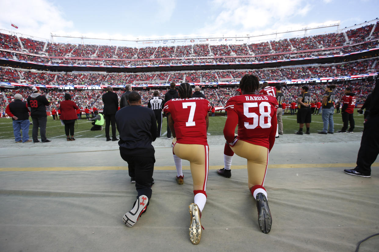 In the K-9 demonstration last year in Florida, dogs attacked a man wearing a Colin Kaepernick jersey who joked about the former quarterback's protests. (Michael Zagaris/San Francisco 49ers/Getty Images)