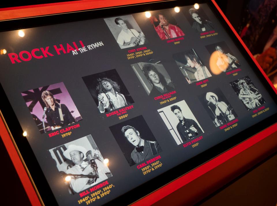 A view of a kiosk at the Ryman Auditorium Tuesday, Nov. 1, 2022 in Nashville, Tenn. The Ryman Auditorium has a new exhibit outlining the venue's long-running history with rock 'n' roll music. The new attraction comes as part of a new partnership between the Ryman Auditorium and Rock n Roll Hall of Fame in Cleveland.