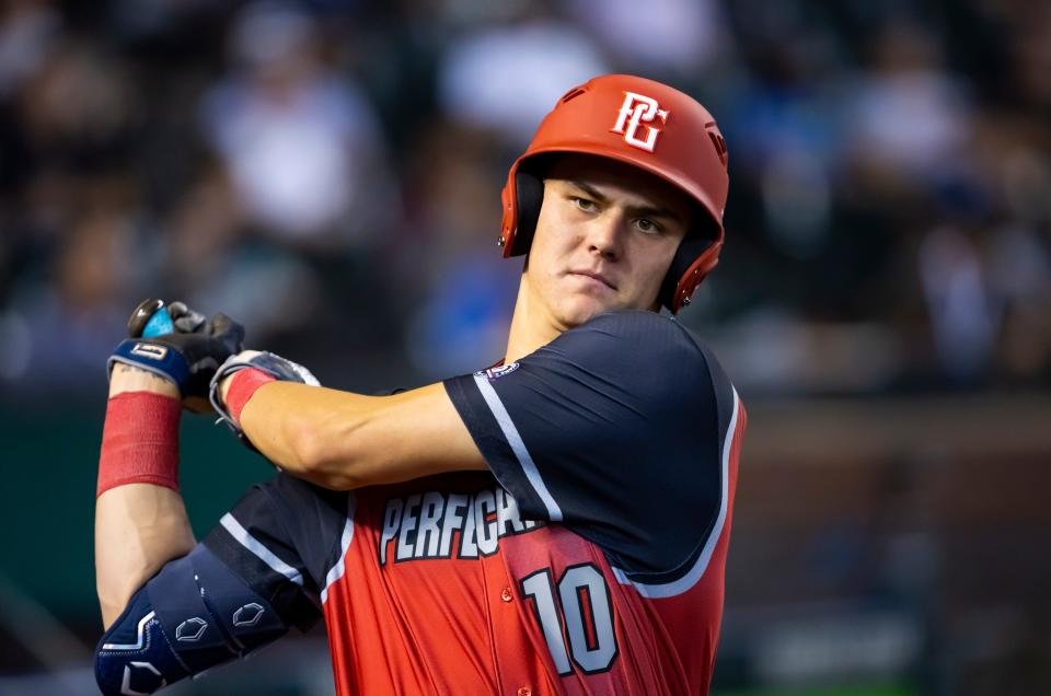 West infielder Eric Bitonti during the Perfect Game All-American Classic high school baseball game Aug. 28, 2022, at Chase Field in Phoenix.