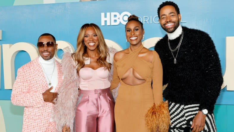 At the premiere of the final season of “Insecure,” (from left) Prentice Penny, Yvonne Orji, Issa Rae and Jay Ellis posed in October 2021 at Kenneth Hahn Park in Los Angeles. (Photo: Amy Sussman/Getty Images)