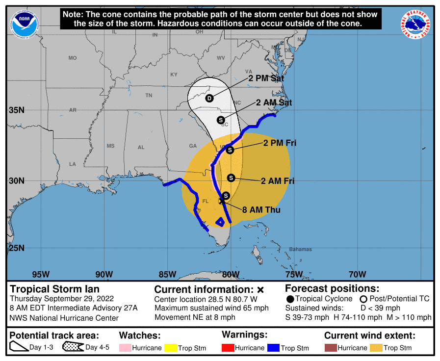 The latest track of now Tropical Storm Ian as of 8 a.m. Thursday, Sept. 29, 2022.