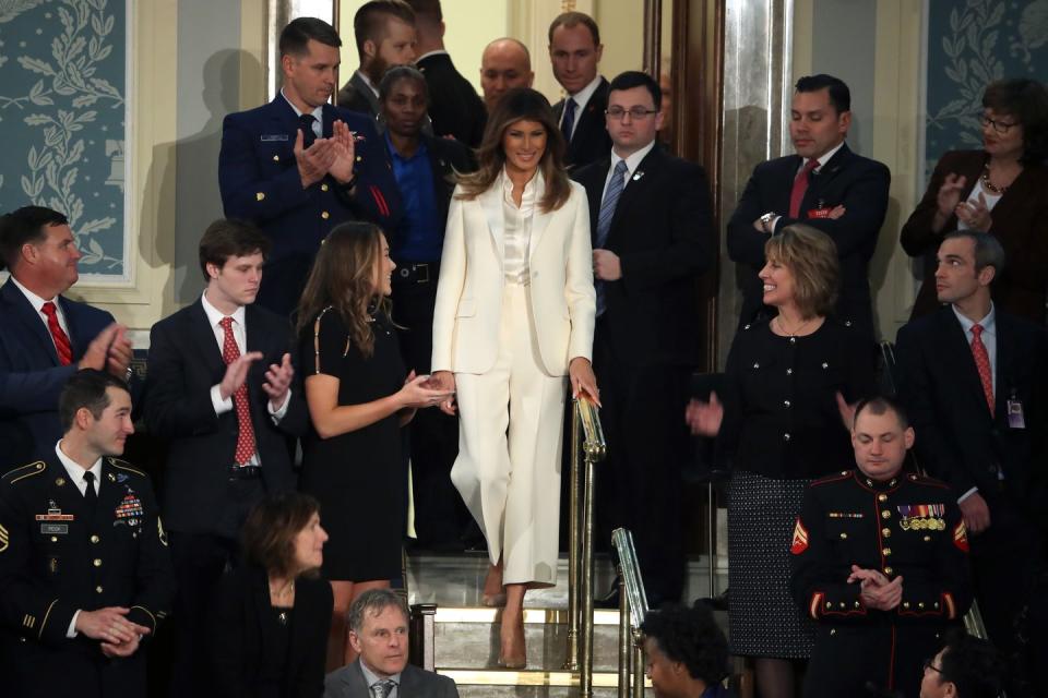 <p>Mrs. Trump paired a pantsuit with simple Christian Louboutin stilettos as her husband delivered his State of the Union address in January 2018.</p>