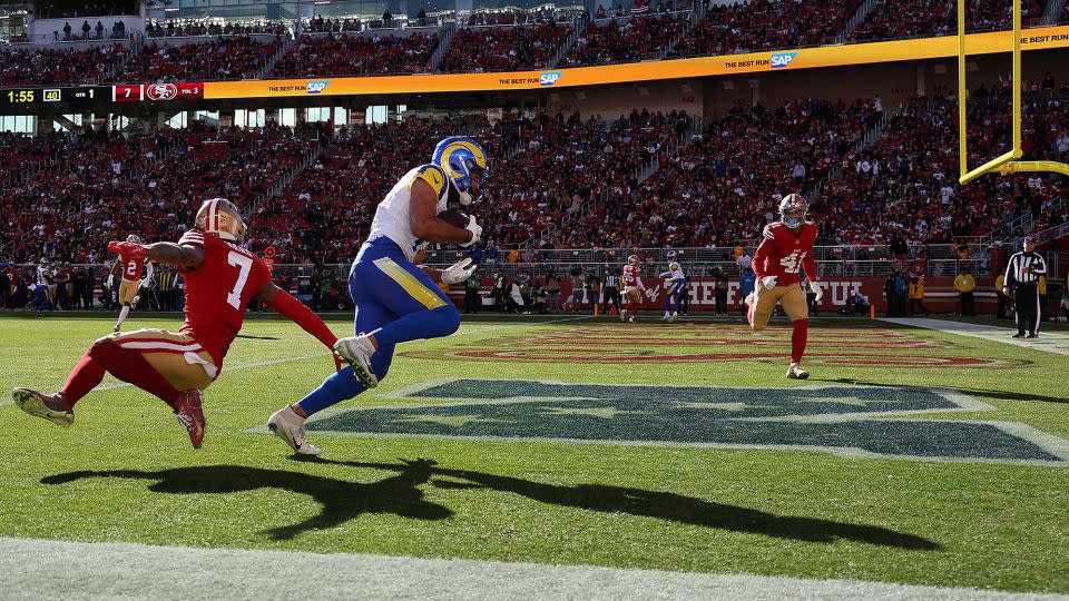 Nacua catches a touchdown against Charvarius Ward of the San Francisco 49ers in the first quarter. - Ezra Shaw/Getty Images