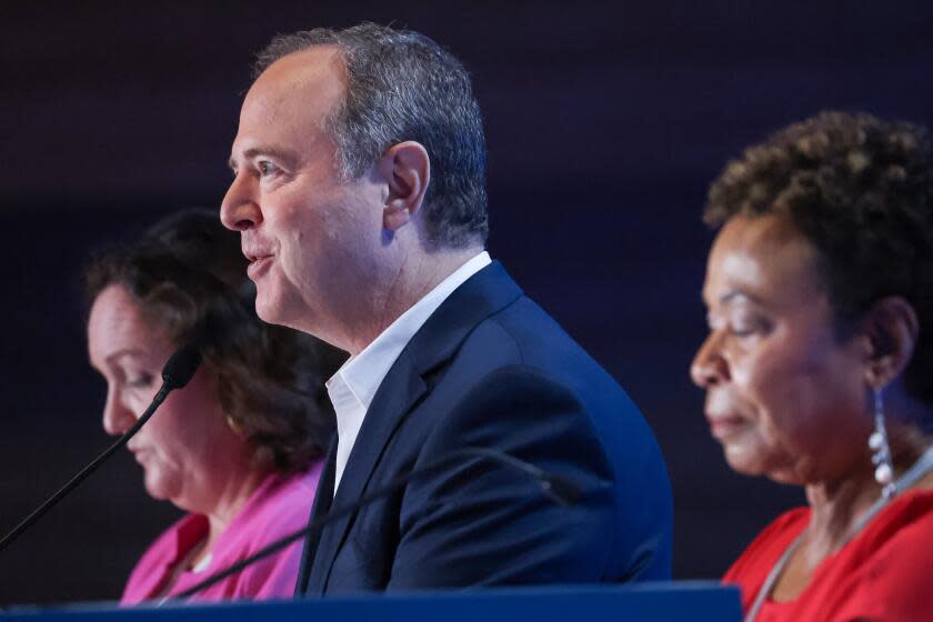 Los Angeles, CA - October 08: Rep. Katie Porter, Rep. Adam Schiff, and Rep. Barbara Lee, left to right participate in a debate on stage with other democrats who are running to succeed Sen. Feinstein at Westing Bonaventure Hotel on Sunday, Oct. 8, 2023 in Los Angeles, CA. (Dania Maxwell / Los Angeles Times)