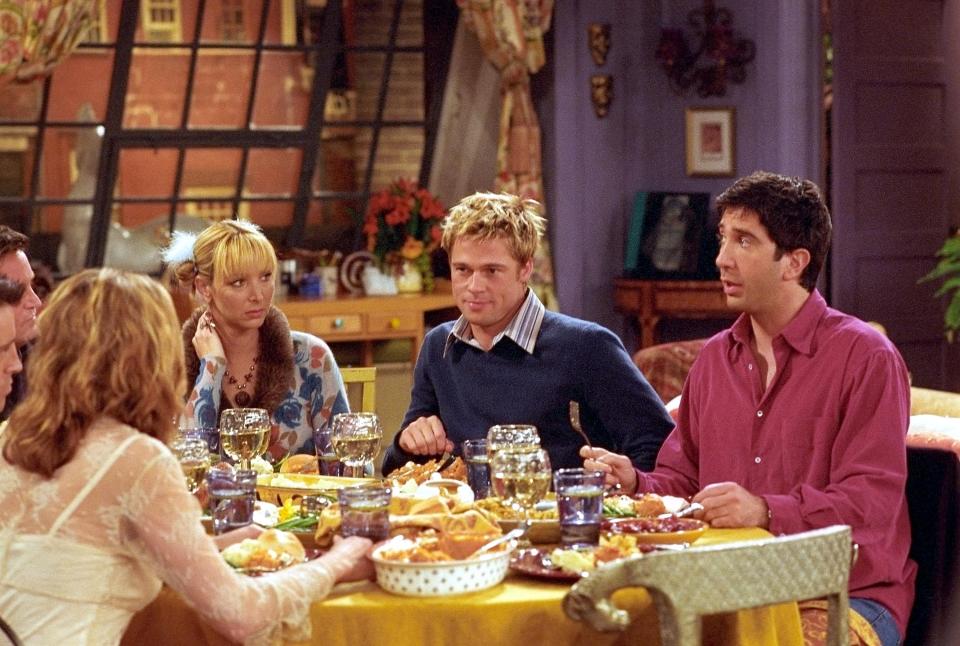 Brad Pitt memorably appeared in a Thanksgiving episode of "Friends," alongside the regular cast including Lisa Kudrow and David Schwimmer.