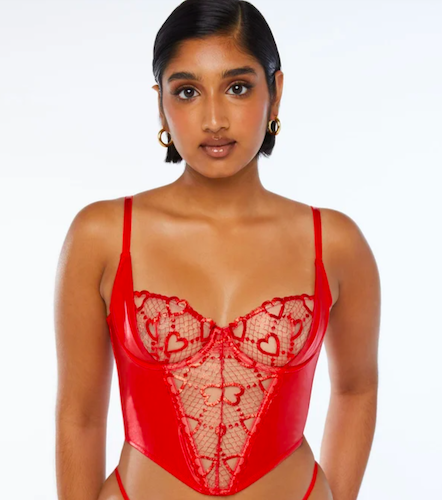 A Red Set: Glossy Flossy Quarter Cup Bra, Garter Skirt, and