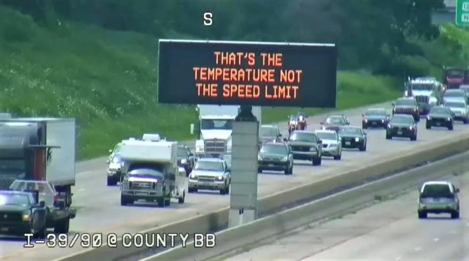 A screenshot of a past Wisconsin highway safety message sign.