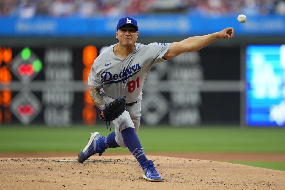 Los Angeles Dodgers' Victor Gonzalez pitches during the first inning of a baseball against the Philadelphia Phillies, Friday, June 9, 2023, in Philadelphia. (AP Photo/Matt Rourke)