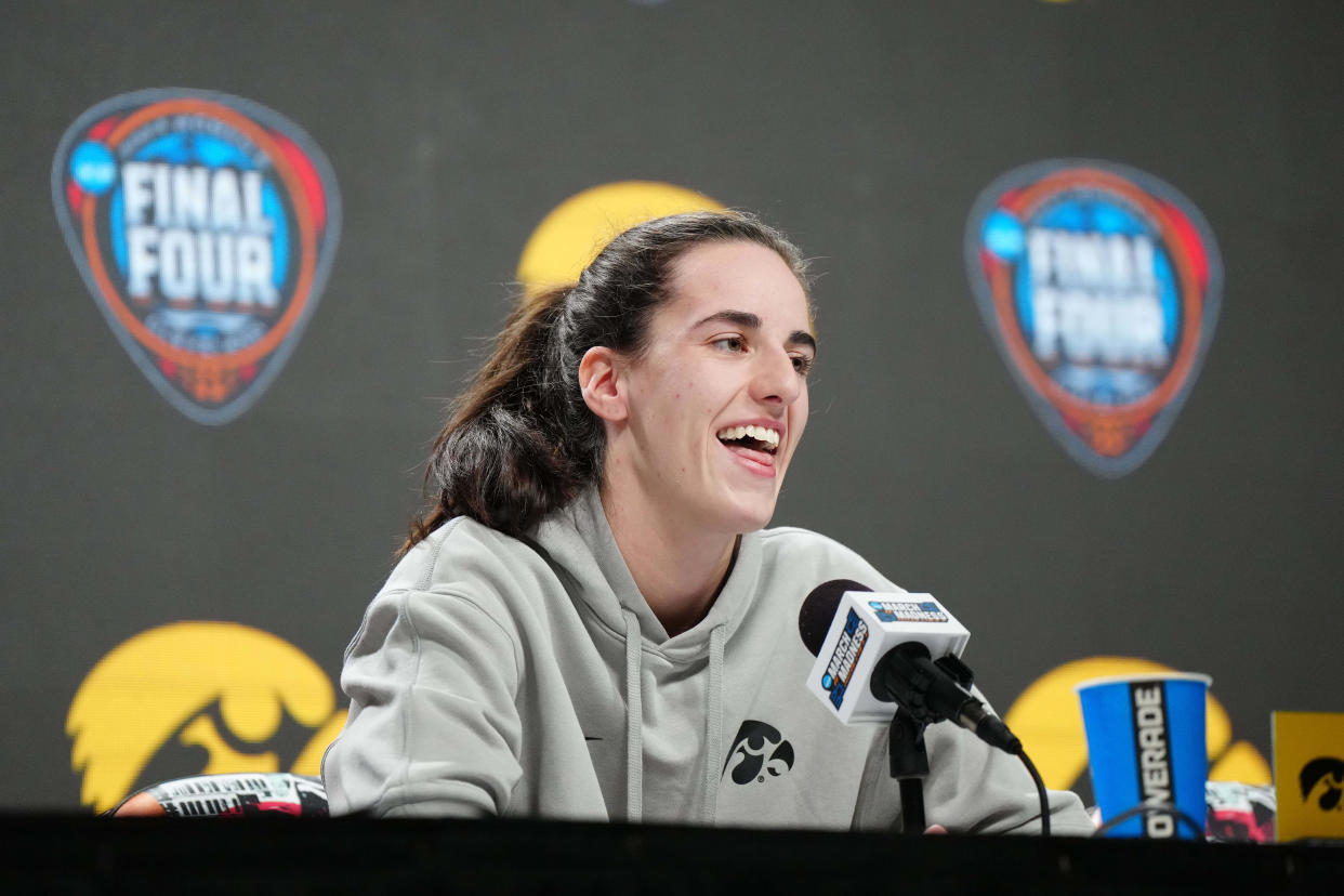 Apr 6, 2024; Cleveland, OH, USA; Iowa Hawkeyes guard Caitlin Clark reacts at a press conference at Rocket Mortgage FieldHouse. Mandatory Credit: Kirby Lee-USA TODAY Sports