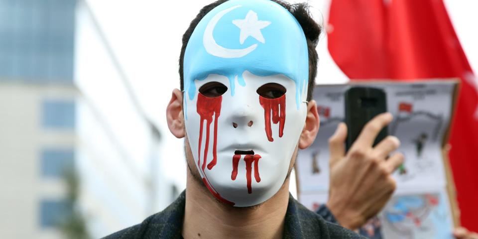 BRUSSELS, BELGIUM - FEBRUARY 02: Nearly 200 Uighur Turks gather to protest against China and its East Turkistan policies in front of the European Parliament building in Brussels, Belgium on February 02, 2020. (Photo by Dursun Aydemir/Anadolu Agency via Getty Images)