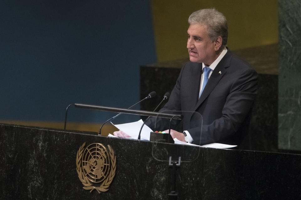 Pakistan's Foreign Minister Makhdoom Shah Mahmood Qureshi addresses the 73rd session of the United Nations General Assembly, Saturday, Sept. 29, 2018 at U.N. headquarters. (AP Photo/Mary Altaffer)