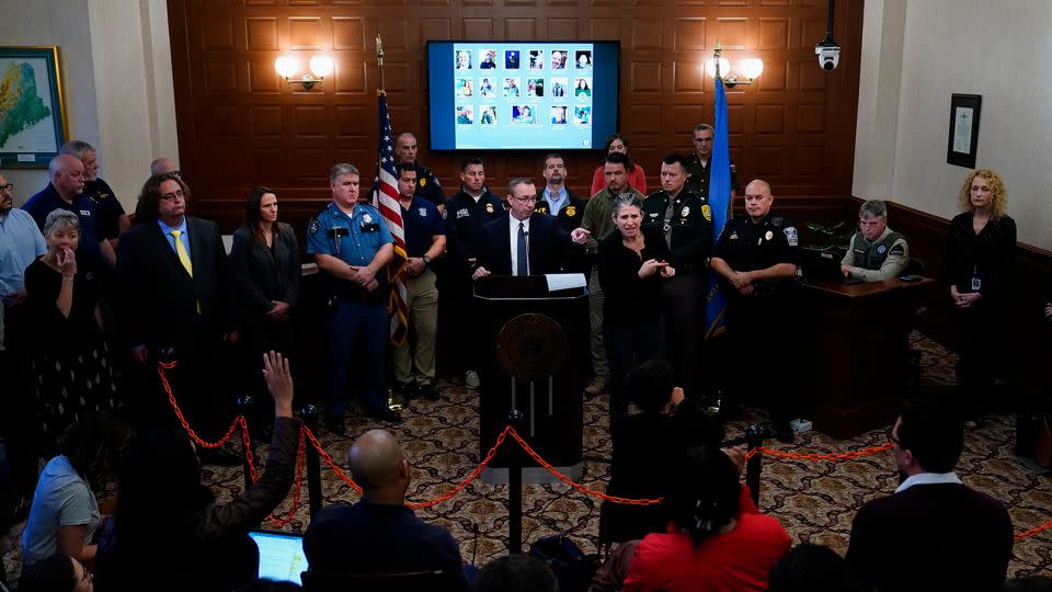 Maine Commissioner of Public Safety Mike Sauschuck speaks during a news conference in Lewiston on Saturday. - Matt Rourke/AP