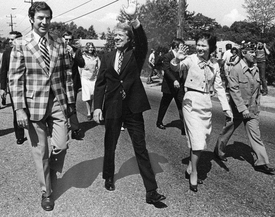 President Jimmy Carter greets voters in Warwick and Cranston in 1979, with his wife, Rosalynn Carter.