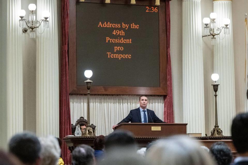Senate president pro tempore Mike McGuire, D-Healdsburg, speaks in the Senate chamber after he was sworn in Monday, Feb. 5, 2024, at the California state Capitol in Sacramento.
