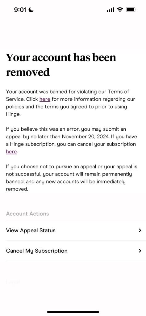 The notice Leyb received from Hinge about his account being removed. HINGE