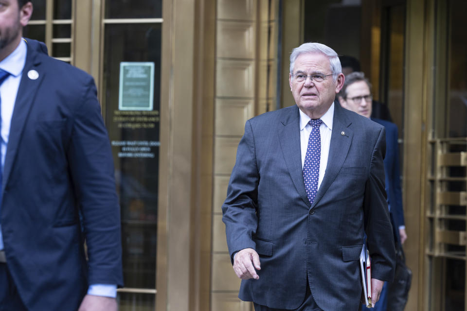 U.S. Sen. Bob Menendez, D-N.J., leaves Manhattan federal court after the second day of jury selection in his trial, Tuesday, May 14, 2024, in New York. The Democrat has pleaded not guilty to bribery, extortion, fraud and obstruction of justice, along with acting as a foreign agent of Egypt. (AP Photo/Stefan Jeremiah)