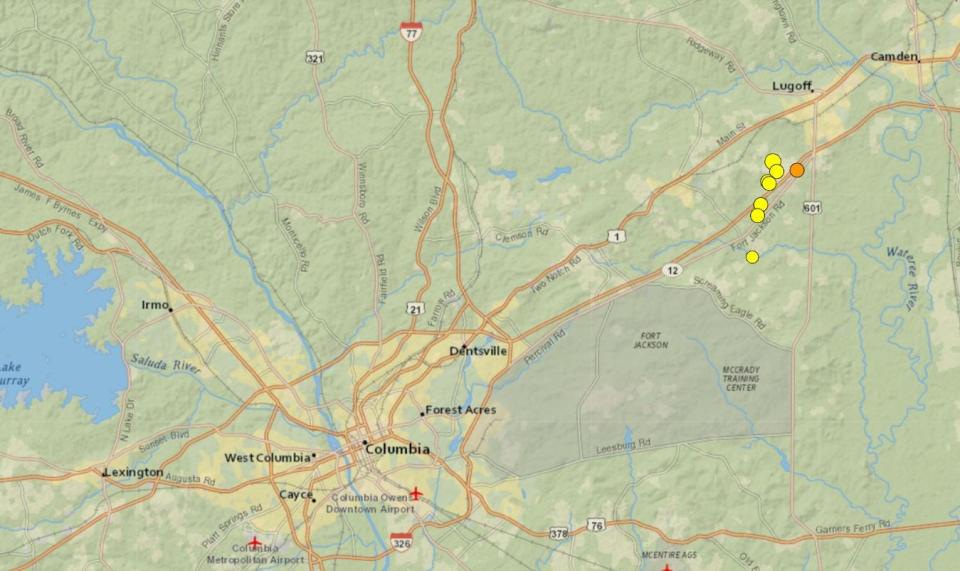 An interactive map from the  United States Geological Survey shows where eight earthquakes were detected in as many days near Columbia.