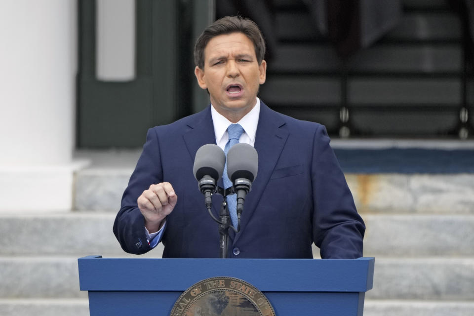 FILE - Florida Gov. Ron DeSantis speaks after being sworn in to begin his second term during an inauguration ceremony outside the Old Capitol Jan. 3, 2023, in Tallahassee, Fla. Florida lawmakers will meet Monday, Feb. 6, 2023, to complete a state takeover Walt Disney World's self-governing district and debate proposals on immigration and election crimes, as DeSantis continues to leverage national political fissures ahead of an expected White House run. (AP Photo/Lynne Sladky, File)