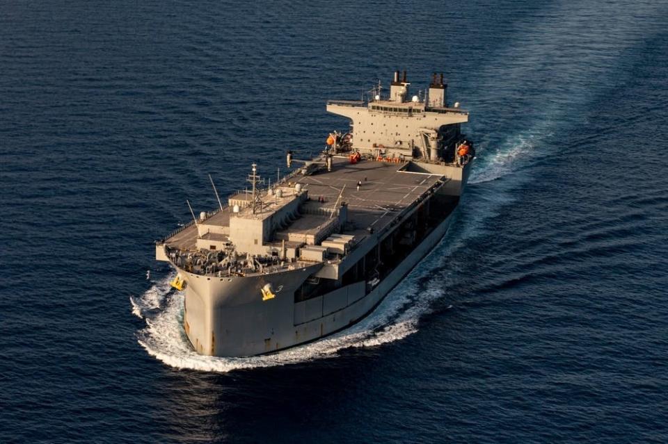 US Marines prepare to take off from the USS Lewis B Puller in the Red Sea.