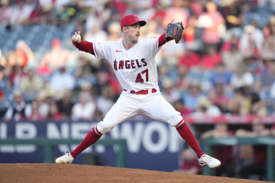 Los Angeles Angels starting pitcher Griffin Canning (47) throws during the first inning of a baseball game against the Arizona Diamondbacks in Anaheim, Calif., Friday, June 30, 2023. (AP Photo/Ashley Landis)
