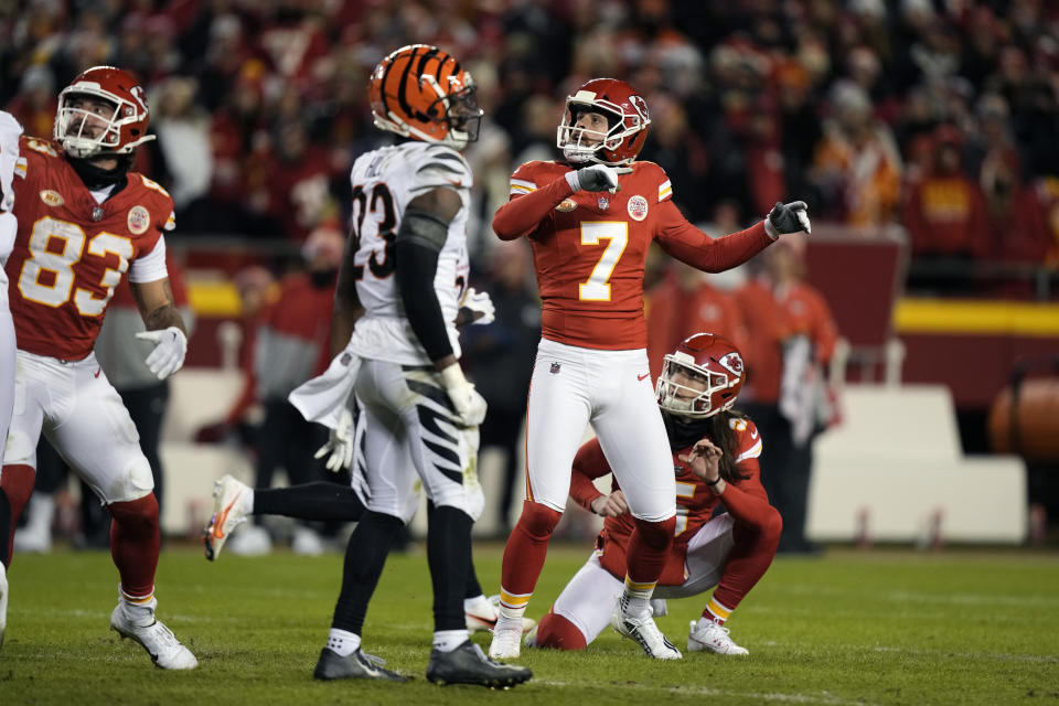Kansas City Chiefs place-kicker Harrison Butker (7) watches his 48-yard field goal during the second half of an NFL football game against the Cincinnati Bengals Sunday, Dec. 31, 2023, in Kansas City, Mo. (AP Photo/Charlie Riedel)