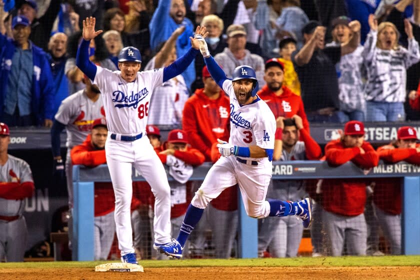 LOS ANGELES, CA - OCTOBER 6, 2021: Los Angeles Dodgers left fielder Chris Taylor (3).
