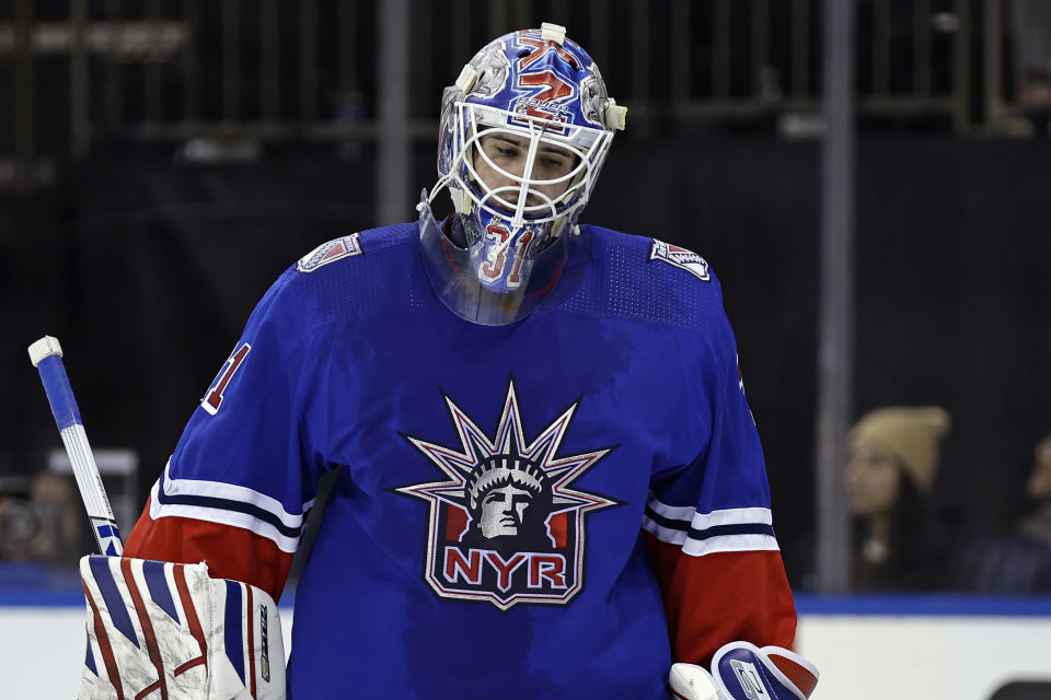 New York Rangers goaltender Igor Shesterkin reacts after giving up a goal to Montreal Canadiens right wing Cole Caufield in the third period of an NHL hockey game Sunday, Jan. 15, 2023, in New York. (AP Photo/Adam Hunger)