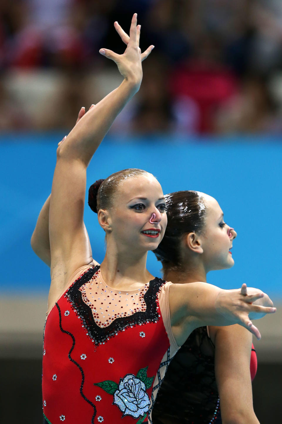 Nadine Brandl and Livia Lang of Austria compete compete in the Women's Duets Synchronised Swimming Technical Routine on Day 9 of the London 2012 Olympic Games at the Aquatics Centre on August 5, 2012 in London, England. (Photo by Clive Rose/Getty Images)