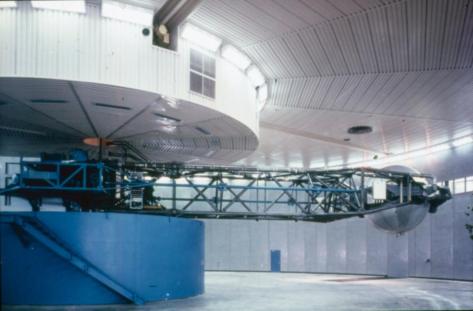 View of a centrifuge with fifty-foot arm used in astronaut training at NASA's Manned Space Center (later renamed the Lyndon B Johnson Space Center), Houston, Texas, 1960s.