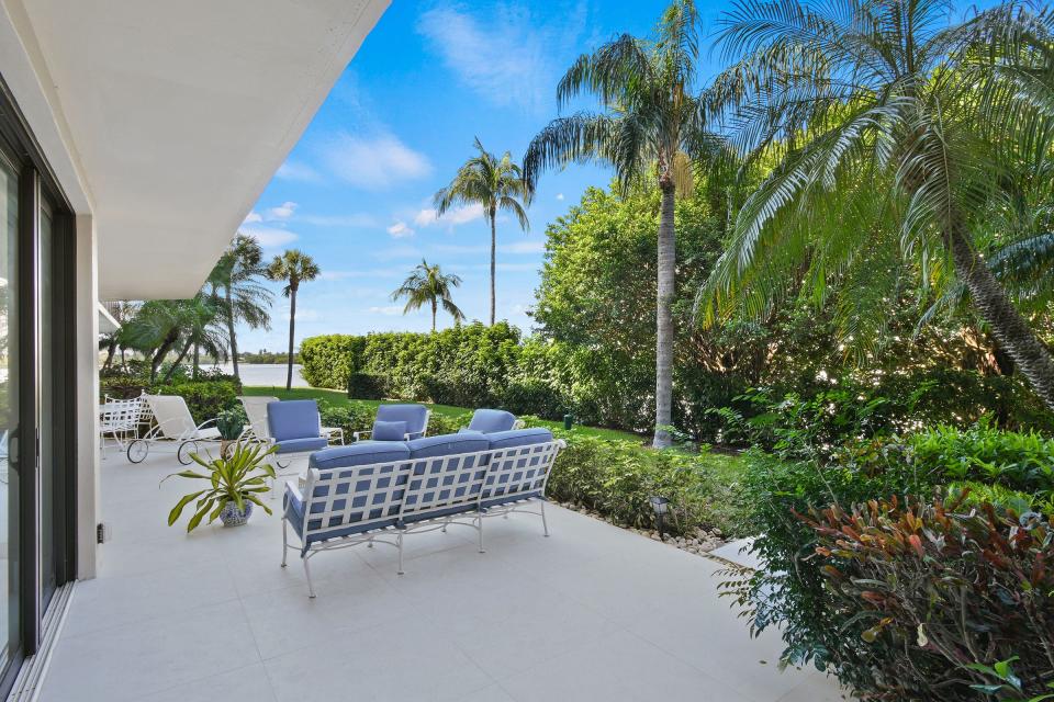 The private patio at a ground-floor condominium at Sutton Place offers a view of the Intracoastal Waterway.