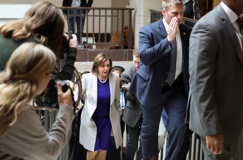 Speaker of the House Pelosi talks to reporters outside House impeachment inquiry on Capitol Hill in Washington