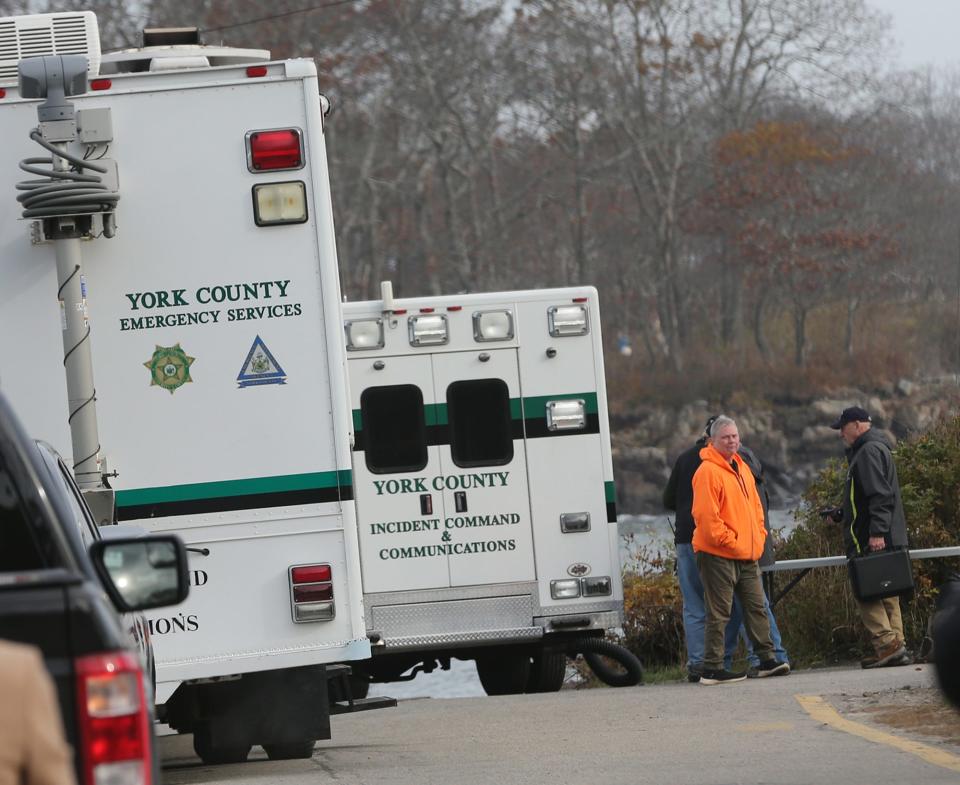 Investigators with the York County Emergency Services are parked at the end of Turbats Creek Road where a fisherman left on Thursday in a 12-foot skiff to pull lobster traps but didn't return. Search and rescue found the overturned skiff with some other items on Friday morning but were still searching for the 64-year-old.
