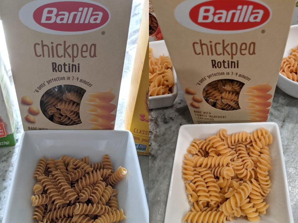 (left) uncooked barilla chickpea pasta in front of box (right) cooked barilla chickpea pasta in front of box