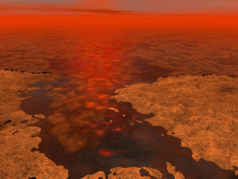 FILE PHOTO: Artist's concept envisions what hydrocarbon ice forming on a liquid hydrocarbon sea of Saturn's moon Titan