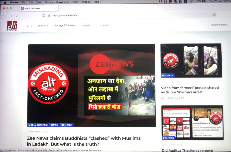 A screen grab of the home page of Alt News.<span class="copyright">Manish Swarup/AP</span>