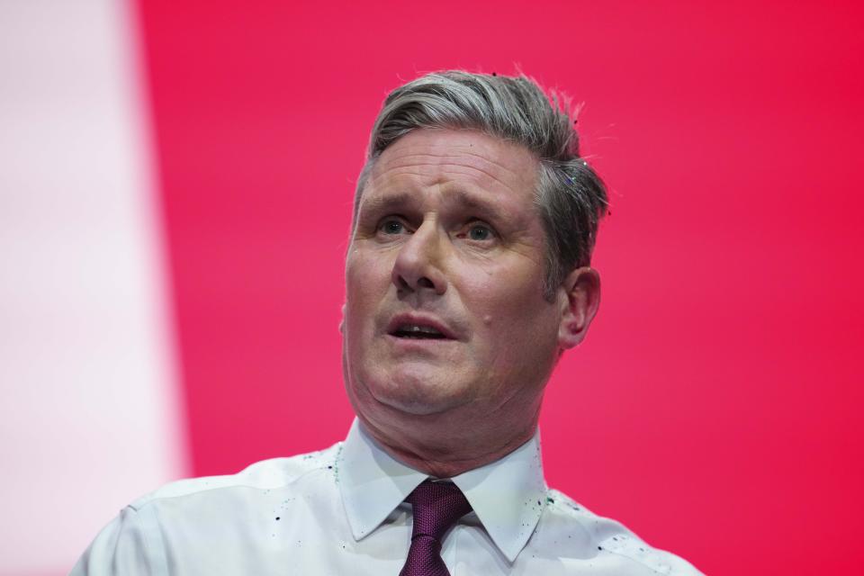 Britain's opposition Labour Party leader Keir Starmer delivers his keynote speech at the Labour Party conference in Liverpool, England, Tuesday, Oct. 10, 2023.(AP Photo/Jon Super)