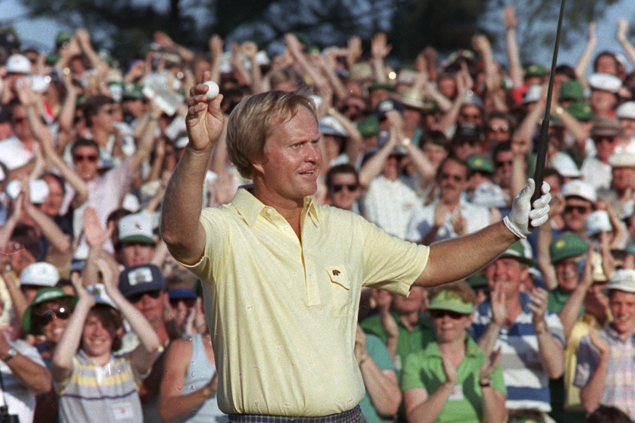 FILE - In this April 14, 1986, file photo, Jack Nicklaus reacts as he finishes on the 18th to win the Masters Championship at Augusta National Golf Club in Augusta, Ga. (AP Photo/File)